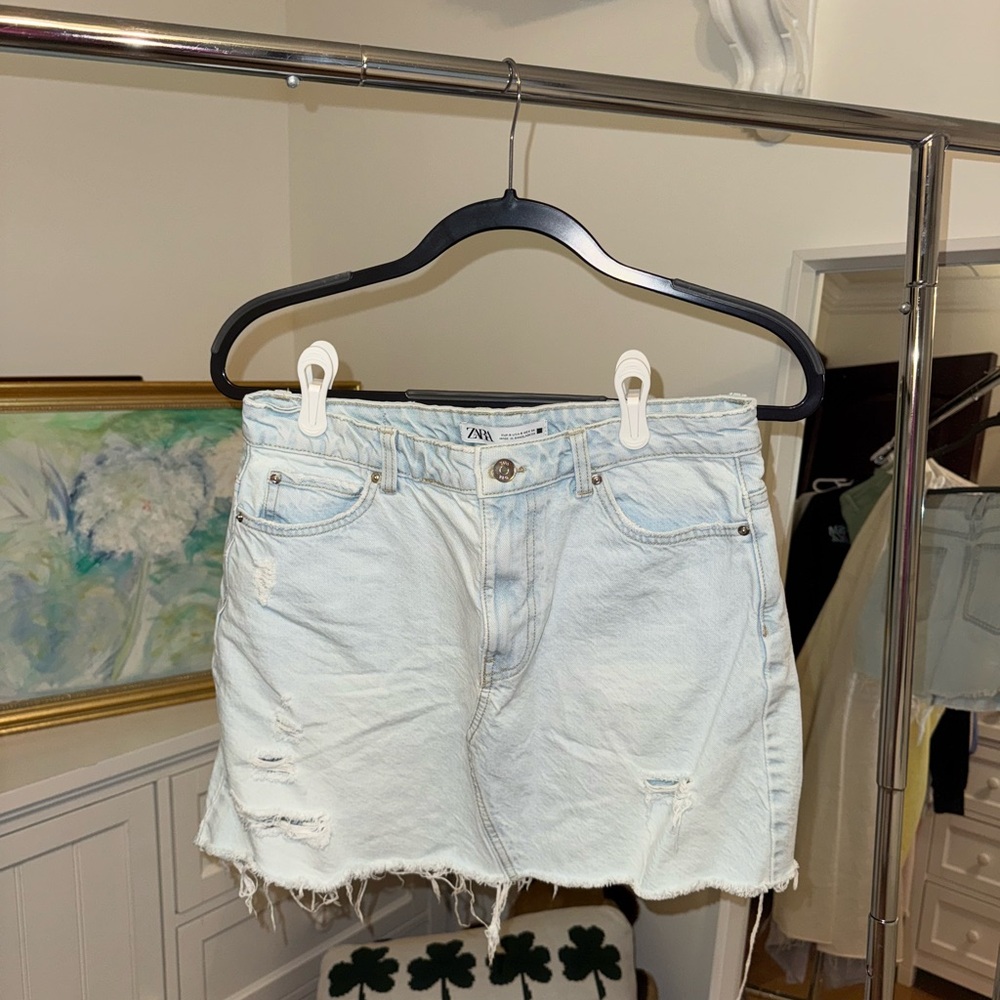 Zara Light Blue Distressed Denim Skirt